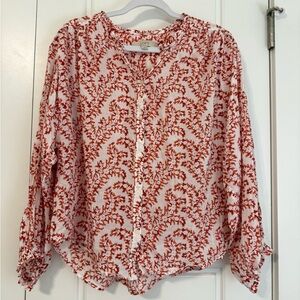LOFT Orange Floral Button Front Blouse Size M